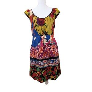 Moulinette Soeurs Anthropologie Silk Dress Womens 4 Abstract Art Belted Mini